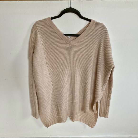 AllSaints Keld V-Neck Merino Wool Ribbed Sweater Color Almond  Marl Sz S - Picture 2 of 12